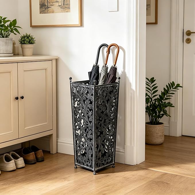 Vintage Metal Distressed Black Umbrella Holder 20"H Square Umbrella Stands with Removable Drip Tray Entryway Organizer Bucket for Foyer/Porch - Holds Multiple Umbrellas, Walking Sticks & Canes