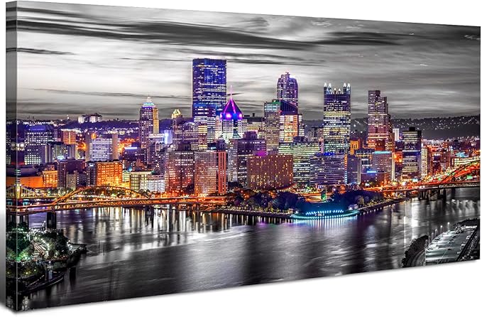 Extra Large Pittsburgh Wall Art Black and White Cityscape Wall Decor Modern Night City Skyline Picture Office Decor Pennsylvania Skyscrapers Canvas Prints for Bedroom Living Room Decoration 30x60"