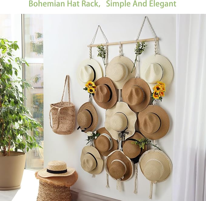 Macrame Hat Rack for Wall 31x53 in Hat Organizer with 15 Clips Hanging Hat Hanger Holder for Women Wide Brimmed Hat Storage for Fedora Boho Decorative Display