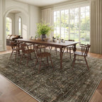 Washable 10x14 Area Rugs for Living Room, Boho Non-Slip Vintage Distress Large Rugs for Bedroom Dining Room Office, 0.3" Neutral Oriental Throw Thin Carpet, Rust/Multi
