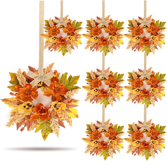 8 Pcs Fall Floral Swags Wreaths Mini Autumn Artificial Candle Rings Wreaths with Berries 3 inch Farmhouse Cabinets Hanging Wreath for Pillar Front Door Porch Wall Window Decoration