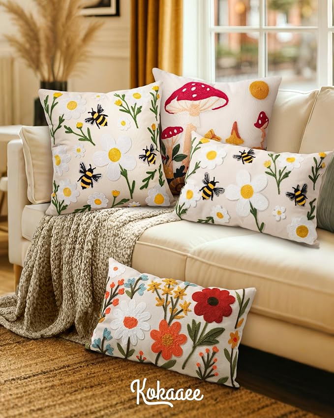 Embroidered Lumbar Pillow Cover 20x12 Inch - Spring Summer Boho Decorative Pillow Cover with Zipper for Living Room Couch Sofa Bed Aesthetic Design Flower Cluster Cushion Pillowcase