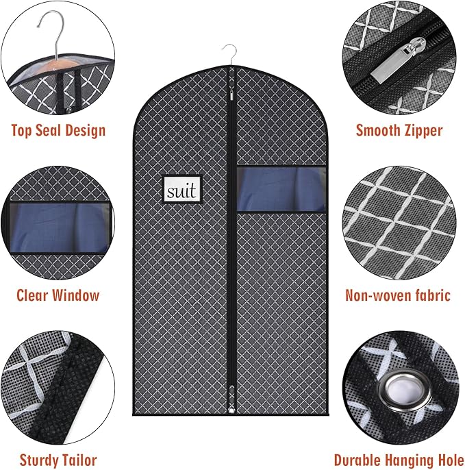 Univivi Suit Bags for Closet Storage and Travel, 40 Inch Hanging Garment Bags for Men Suit Cover with Clear Window and ID Card Holder for Suit Jacket, Shirt and Coat, 10 Pack, Black