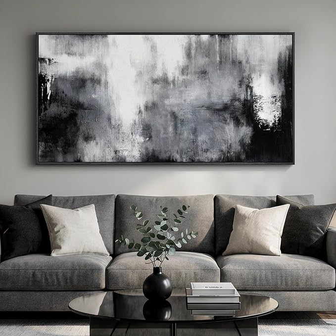 Large Framed Black and White Abstract Wall Art for Living Room, Grey Horizontal Canvas Prints Paintings Artwork for Walls, Neutral Modern Minimalist Pictures Wall Decor for Bedroom Office 30x60