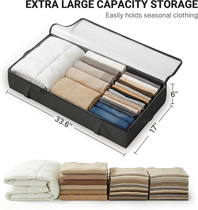 2-Pack Under Bed Storage, 6 Inches Tall Closet Organizers and Storage Bins with Sturdy Sidewalls/Bottom/4 Handles, Black