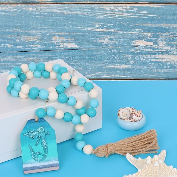 Meplait Wood Bead Garland, Coastal Tassel Garland with Mermaid Tag Beach Farmhouse Decor for Tiered Tray Table Centerpiece Wall Home Decoration