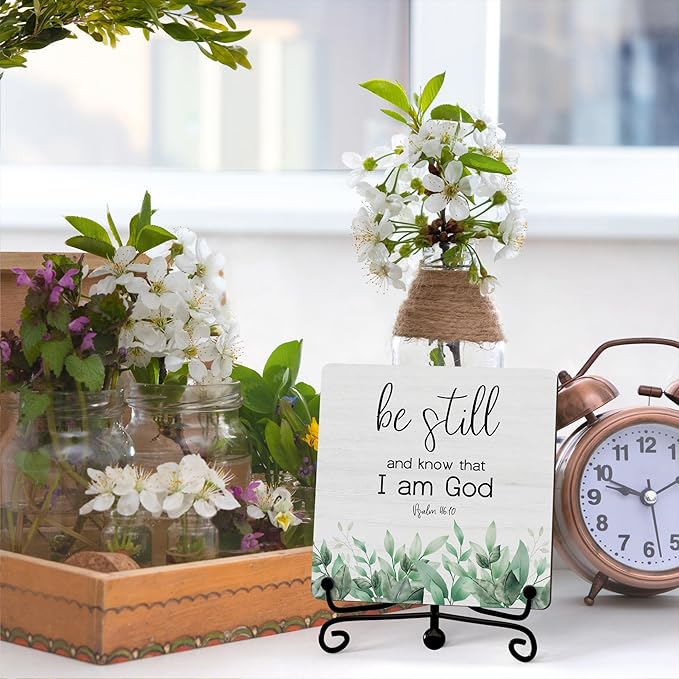 Inspirational Christian Desk Decor, Be Still And Know That I Am God Eucalyptus Sign, Desk Decorations For Office Home Living Room Bathroom, Eucalyptus Shelf Decor, Wooden Plaque With Stand (09)