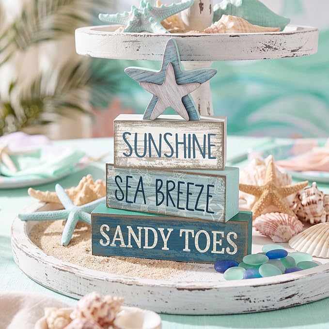 Lineshading 4 Pcs Summer Table Decoration Coastal Wooden Stacked Block Decor, Sunshine Sea Breeze Sandy Toes Signs with Starfish, Rustic White and Blue Beach Tiered Tray Decor for Home Entryway