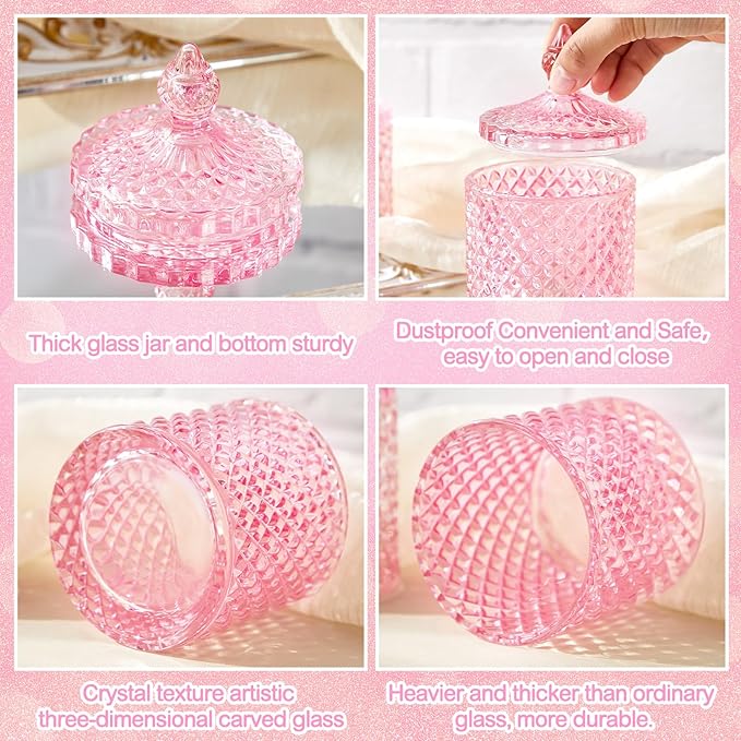 Aoriher 4 Pcs Crystal Glass Candy Jar Set with Lids Home Decorative Storage Jars for Apothecary, Bathroom, Kitchen, and Pantry, Ideal for Cotton Swabs and Jewelry (Large,Pink)