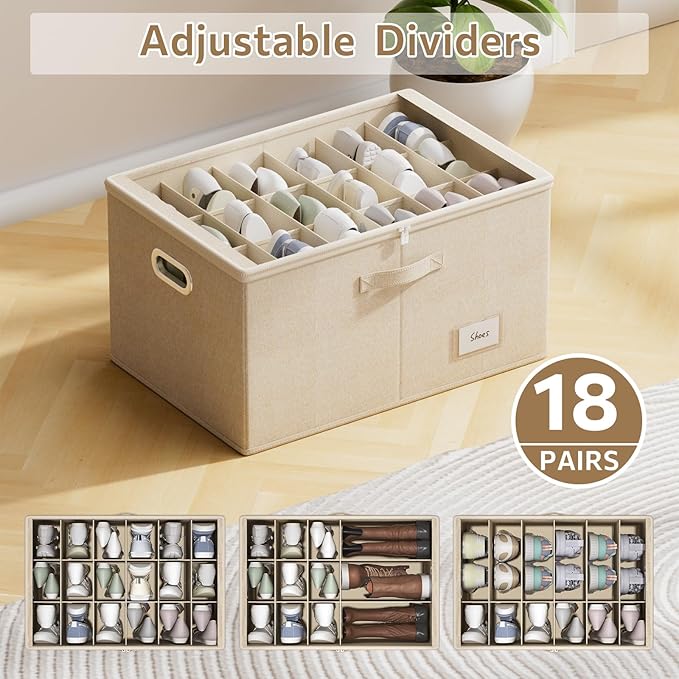 2 Pack Shoe Organizer for Closet Large Shoe Box Storage Containers with Clear Window Space Saving Shoe Bin with Foldable Bottom Support Adjustable Dividers Fits 36 Pairs (Beige, (24.4*16.5*13inch)x2)