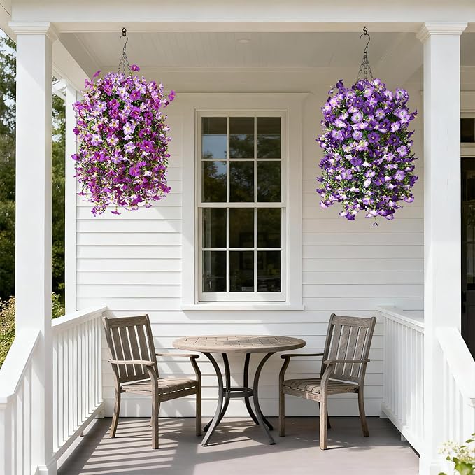 Artificial Fake Hanging Flowers Plants for Outdoor Spring Decoration,2 PCS Faux Silk Morning Glory with Eucalyptus Leaves,UV Resistant Realistic Trailing Vines for Balcony Porch Patio Yard Garden