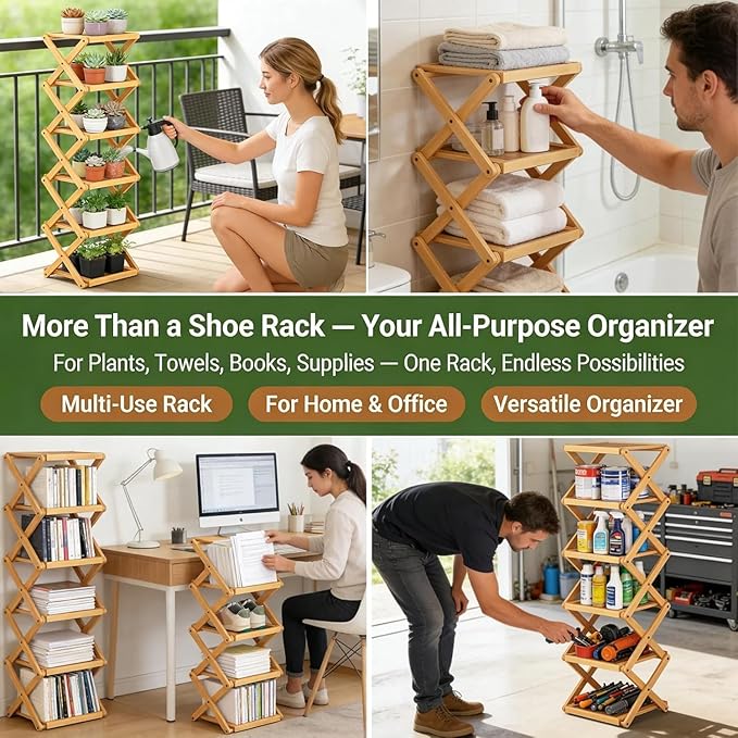 The 5-Tier No-Assembly Bamboo Rack, Bamboo Shoe Rack, Foldable Shoe Rack, Space Saving Collapsible Shelves for Entryway, Closet, Bathroom, Bamboo Shoe Rack, Foldable Shoe Rack (Wood, 5Tier)