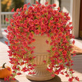 Artificial Fall Hanging Flowers for Decoration, 2pcs Long Vine Fake Mums Flowers Plants Morning Glory, Realistic Faux Petunias for Planter Patio Porch Garden Autumn Outdoors Dec, Red