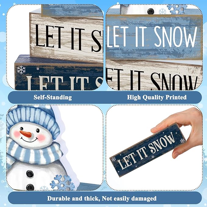 Lineshading 4 Pcs Christmas Table Decoration Blue and White Snowman Decor Winter Tiered Tray Decor Christmas Centerpiece Decorative Wooden Snowman Block Sign Gift Winter Decoration for Home Kitchen