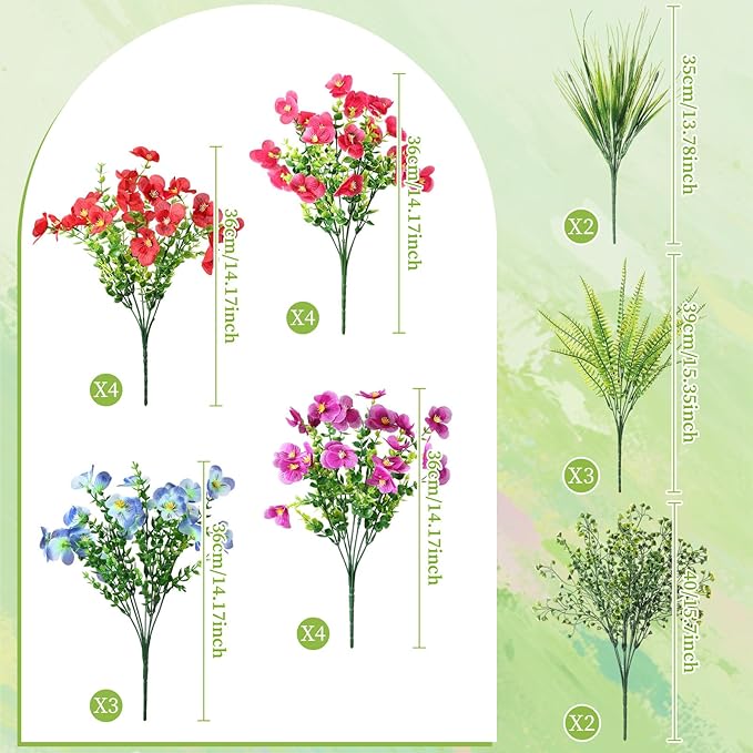22 Bundles Artificial Flowers for Outdoor Decoration, 4 Styles Faux Plants Decorations with Pansy, Persian Leaves, Grass, Hanging-Bells for Window Box Patio Fireplace Spring Decor