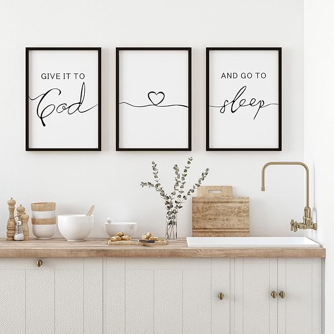 Set of 3 Framed Farmhouse Give it to God and Go to Sleep Signs 11x14” Above Bed Wall Decors for Bedroom Wood Signs (11x14 inches, Black)