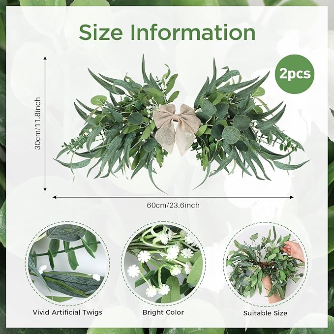 2 Floral Swag for Front Door 24" Greenery Teardrop Swag Eucalyptus Swag Summer Wreath with Eucalyptus Olives Leaves Mixed Berry for Wedding Arch Party Wall Home Garden Decor
