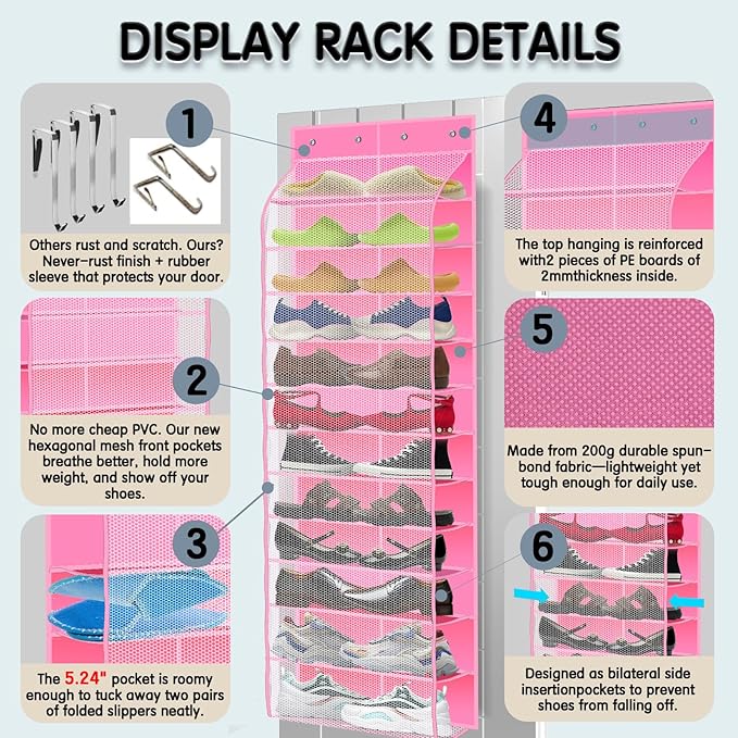 Over The Door Shoe Organizer with 12 Large Breathable Pockets - Durable Hanging Storage for the Entire Family's Shoes (Pink)