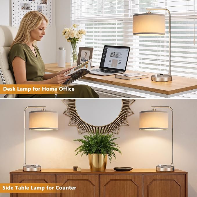 Innqoo Bedside Table Lamps for Bedroom Set of 2-Dimmable Nightstand Lamps with USB Port and Outlet,Modern Grey Lamps with Linen Shade,Tall Desk Lamps for Home Office Bedroom Living Room End Table