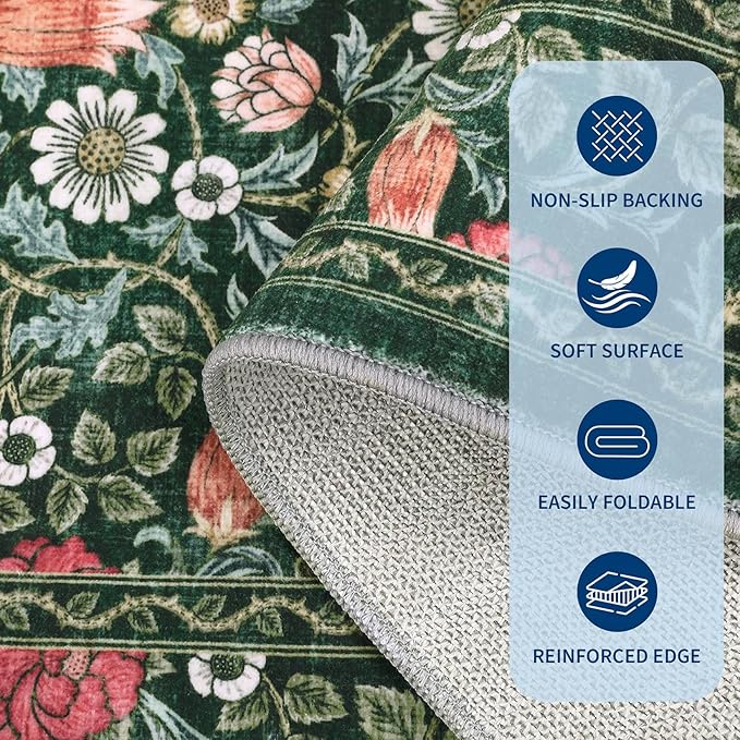 GarveeHome Green Vintage Floral Washable Rugs 5x7 for Living Room Boho Botanical Retro Rug Low Pile Stain Resistance Non Slip Carpet for Bedroom Nursery Dining Room
