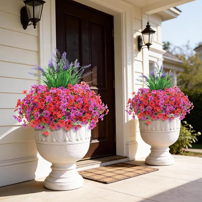 INQCMY Artificial Flowers for Outdoors UV Resistan 12 Pcs Silk Daisies with Eucalyptus Leaves and 2 Pcs Lavender Suitable for Porch Balcony Courtyard Garden (Red Lotus)