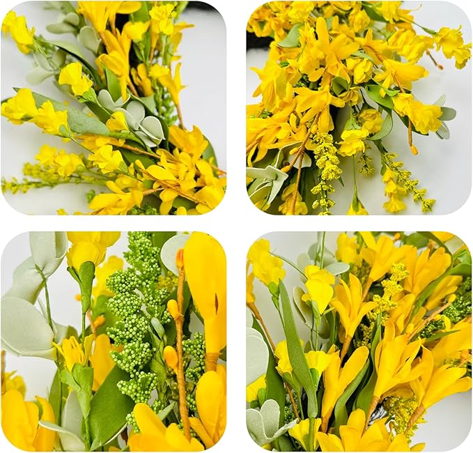 22 Inch Yellow Forsythia Wreaths for Front Door, Spring Summer Floral Wreath, Farmhouse Wreath for Porch, Wall, Window, Indoor Outdoor Home Decor