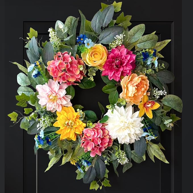 24 Inch Spring Wreaths for Front Door,Spring Wreaths,Spring Summer Door Wreaths with Yellow and Pink Dahlia Hydrangea Peony Flower Wreath for Outside Indoor Outdoor Home Porch Wall Decor