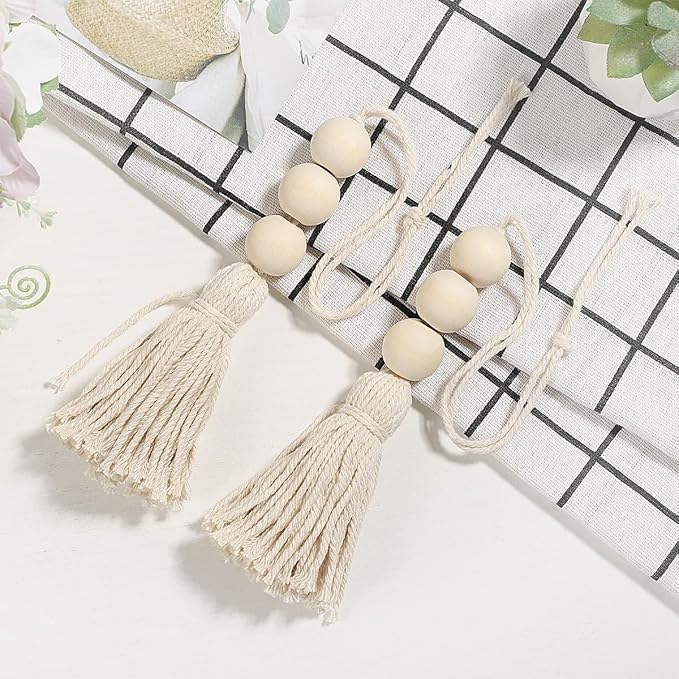 Wood Bead Garlands,Farmhouse Beads Tasels,Rustic Country Decor Prayer Beads for Home Door Knob Decor