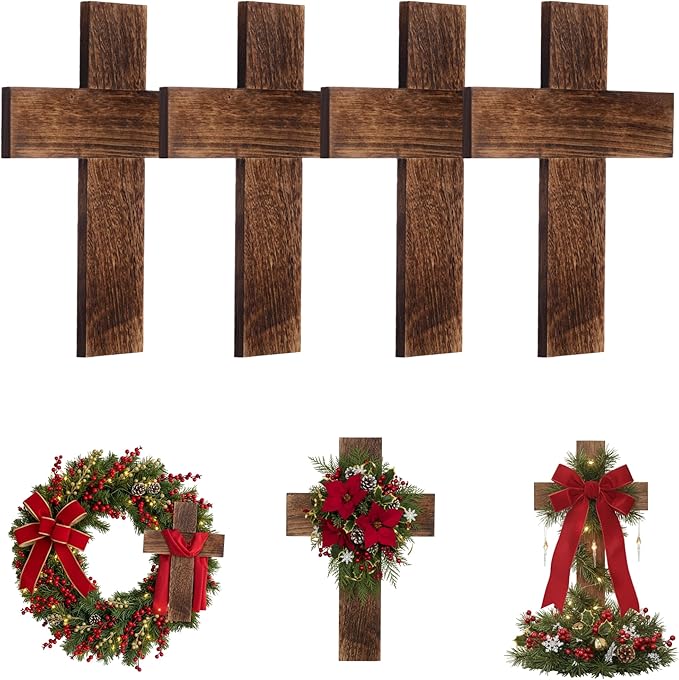 Geelin 4 Pcs Large Wooden Cross Wall Decor 16x11 Inch Hanging Cross for Craft Handmade Antique Religious Gifts Wooden Christians Wall Decor for Room Church Home Room(Brown)