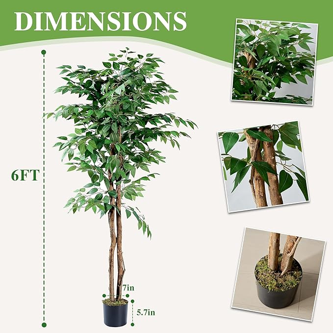 VECELO Artificial Ficus Tree with Sturdy Nursery Pot, 6FT Faux Silk Plant for Indoor Outdoor Home Garden Decor, 2 Pack