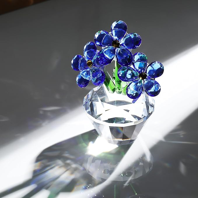 Qianwei Blue Forget Me Not Crystal Flowers - Sympathy Glass Flowers Collectible Figurines Decor Paperweight Ornament Home Office Table Desk Decorations