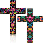 Pinkunn 2 Pcs Mexican Floral Cross Wall Decor Mexican Wall Art Hand Painted Decorative Inspirational Wooden Floral Cross Spanish Crucifix Decor for Home Room Church Decoration