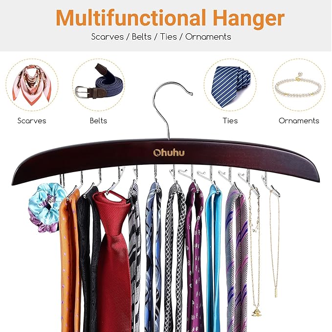 Tie Rack Hanger for Closet: Ohuhu 2 Packs 24 Folding Hooks Tie Hangers for Men Wooden Tie Holder Organizer Space Saving Necktie Storage 360 Degree Rotating Ties Belts Scarves Tank Tops-Walnut