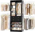 Closet System, 4.2–8.8 FT Closet Organizer with 2 Wooden Drawers and Shelves, Walk-in Closet System with 5 Hang Rods, Built-in Closet Tower, Can Fit 60 to 96 inch, Black