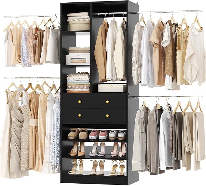Closet System, 4.2–8.8 FT Closet Organizer with 2 Wooden Drawers and Shelves, Walk-in Closet System with 5 Hang Rods, Built-in Closet Tower, Can Fit 60 to 96 inch, Black