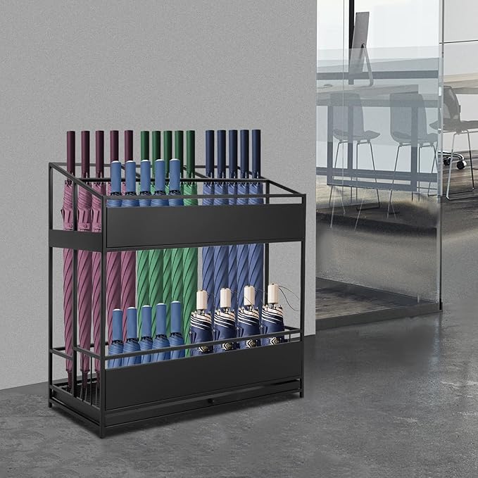 Umbrella Holder Entryway, Umbrella Stand Rack 26.8*12.6*27.6in Metal Square Umbrella Rack Organizer Removable Drip Tray Drip Tray Handle Hollow-Out Design Raised Feet for Canes, Belts, Hats