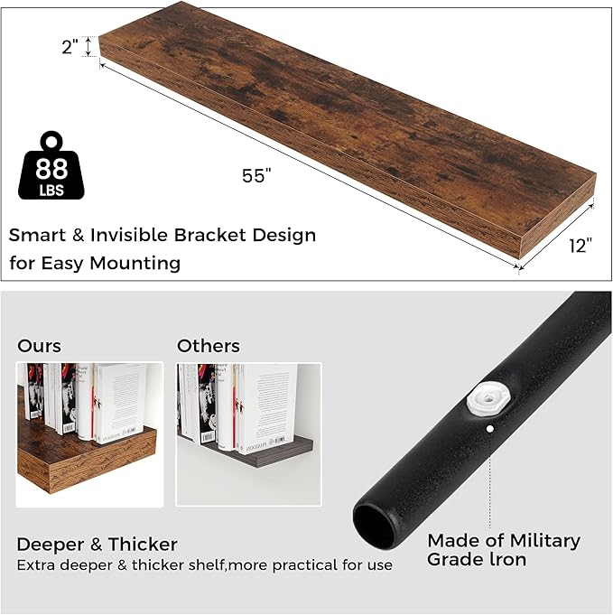 Venusmiles Floating Shelves for Wall, 55 Inch Wide x 12 Inch Deep Floating Shelves, Long Wood Floating Wall Shelf Shelves for Living Room Bathroom Bedroom Kitchen Home - (Brown, 55" W x 12" D x 2" H)