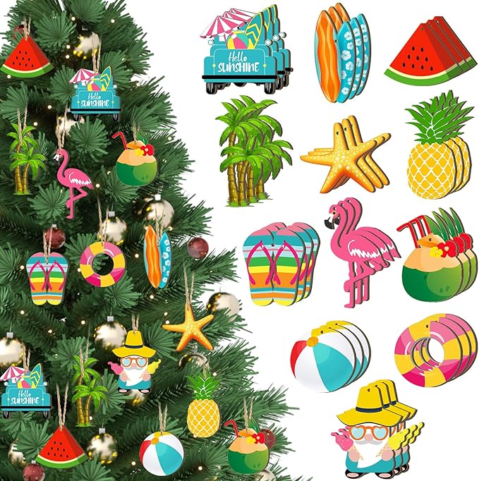 Geelin 36 Pcs Summer Wood Hanging Ornaments for Tree Mini Tree Decorations Hawaiian Beach Wooden Pendant Decorations with String for Luau Party Supplies(Classical)