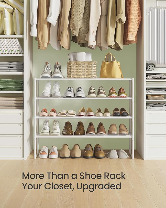 SONGMICS Shoe Rack, 4-Tier Shoe Organizer, Metal Storage Shelf, Upright or Upside Down, for 20-25 Pairs, Stackable, for Entryway, 11.8 x 36.2 x 29.1 Inches, Pearl White ULSA014WK01