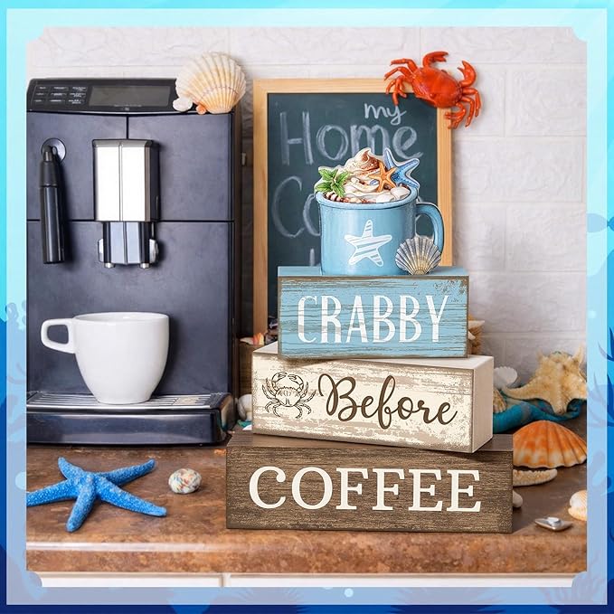 Lineshading 4 Pcs Summer Table Decorations Wooden Beach Coffee Decor Summer Tiered Tray Decor Farmhouse Crabby Before Coffee Crab Block Signs Gifts for Beach Nautical Party Home Office Decorations