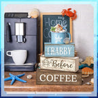 Lineshading 4 Pcs Summer Table Decorations Wooden Beach Coffee Decor Summer Tiered Tray Decor Farmhouse Crabby Before Coffee Crab Block Signs Gifts for Beach Nautical Party Home Office Decorations