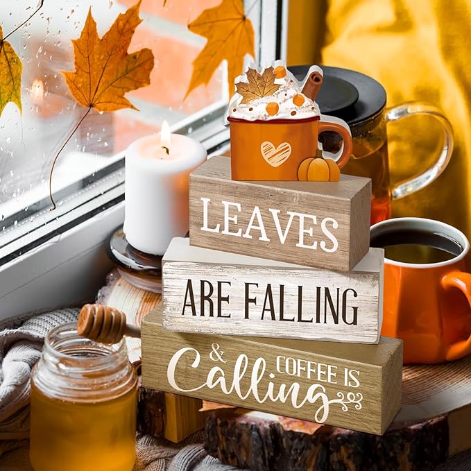 Lineshading 4 Pcs Fall Coffee Table Decorations Fall Decor for Home Thanksgiving Tiered Tray Decor Rustic Wooden Hot Cocoa Cup Pumpkin Latte Block Sign for Autumn Harvest Party Coffee Bar Kitchen
