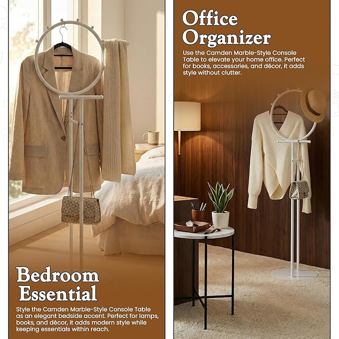 Kings Brand Furniture Cheska Suit Valet Stand with Circular Frame - Tie Jacket Clothes Hooks, Freestanding Clothing Organizer, White
