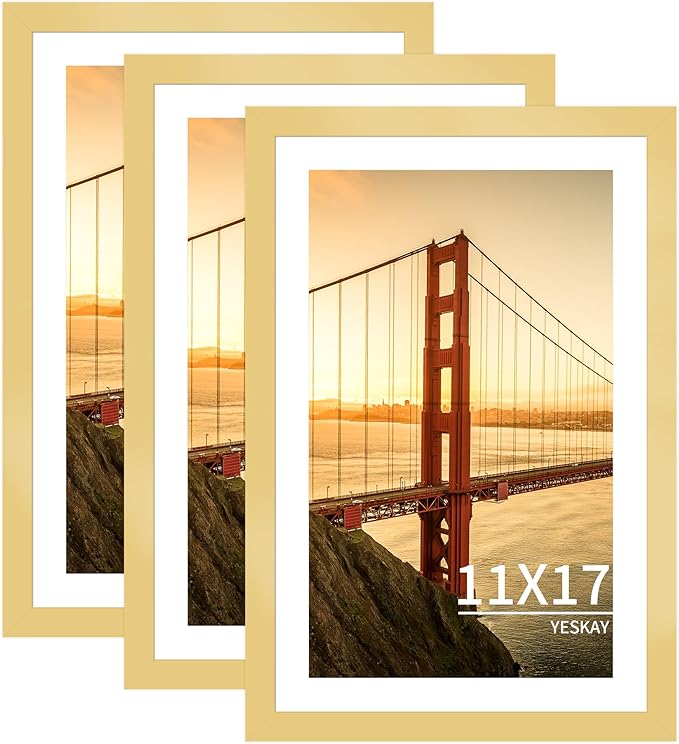 11x17 Picture Frame 3 Pack - Gold Poster Frame Display Pictures 9x15 with Mat or 11 x 17 Without Mat for Wall Hanging Horizontal and Vertical