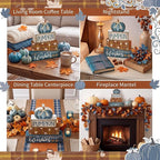 Lineshading 4 Pcs Fall Decoration for Home Wooden Blue Pumpkin Decor Thanksgiving Tiered Tray Decor Fall Centerpiece Rustic Decorative Block Signs Gift Farmhouse Autumn Table Decors for Home Kitchen