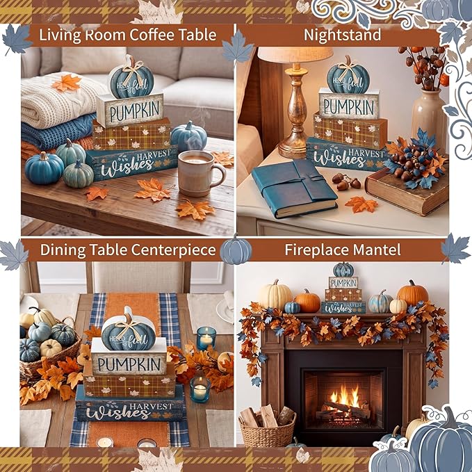 Lineshading 4 Pcs Fall Decoration for Home Wooden Blue Pumpkin Decor Thanksgiving Tiered Tray Decor Fall Centerpiece Rustic Decorative Block Signs Gift Farmhouse Autumn Table Decors for Home Kitchen