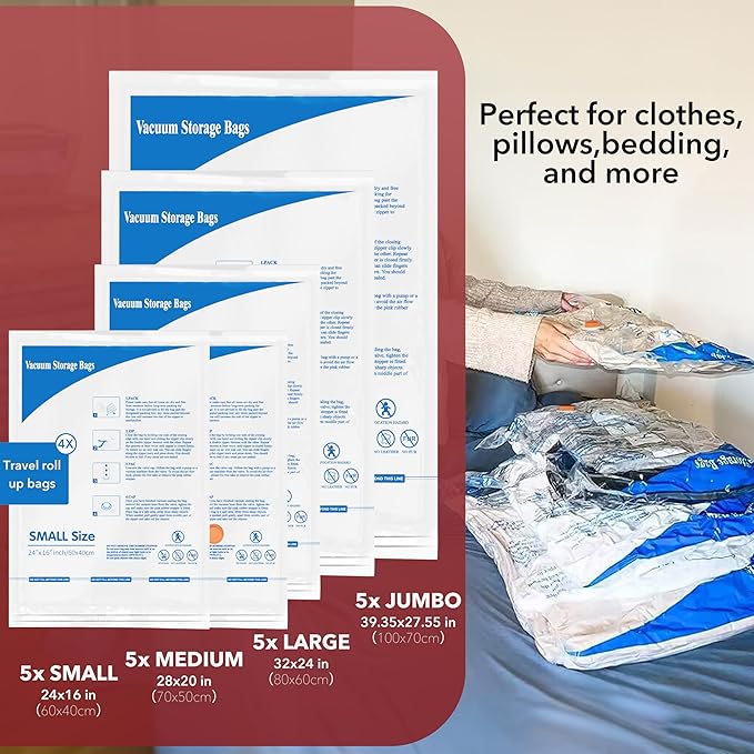 MEIQIHOME Vacuum Storage Bags, Space Saver Sealer Bags,Vacuum seal bags for clothing, Pillows, Comforters, Blankets, Bedding,24 Pack Vacuum Storage Bags with Electric Pump