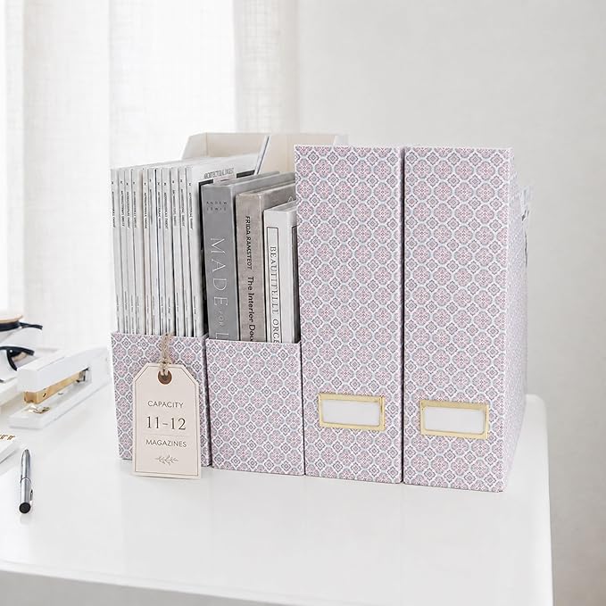 BLU MONACO | Foldable Magazine File Holder Set of 4 | Moroccan Tile Cardboard Organizers | Vertical Desk and Shelf Storage for Home Office Dorm | Decorative File Boxes