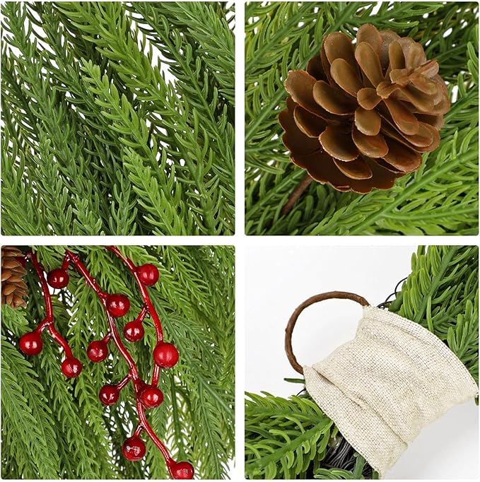 Artificial Christmas Swags with Norfolk Pine, Red Berries and Pinecones, 24" Christmas Thanksgiving Decorations for Front Door, Mantel, Staircase, Window, Xmas Décor
