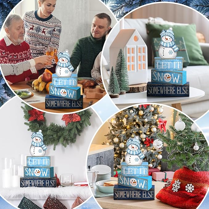 Lineshading 4 Pcs Snowman Christmas Table Decorations Blue and White Wooden Snowman Stacked Block Sign Gifts Winter Tiered Tray Decor Rustic Winter Centerpiece for Wonderland Party Home Kitchen